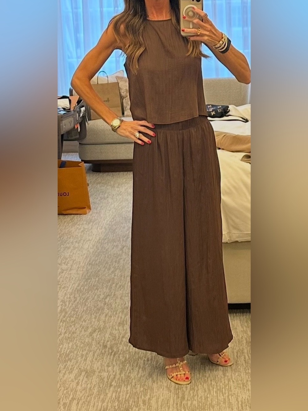Z Supply Brown Ribbed Two-Piece Tank & Wide-Leg Pants Set SZ: XS